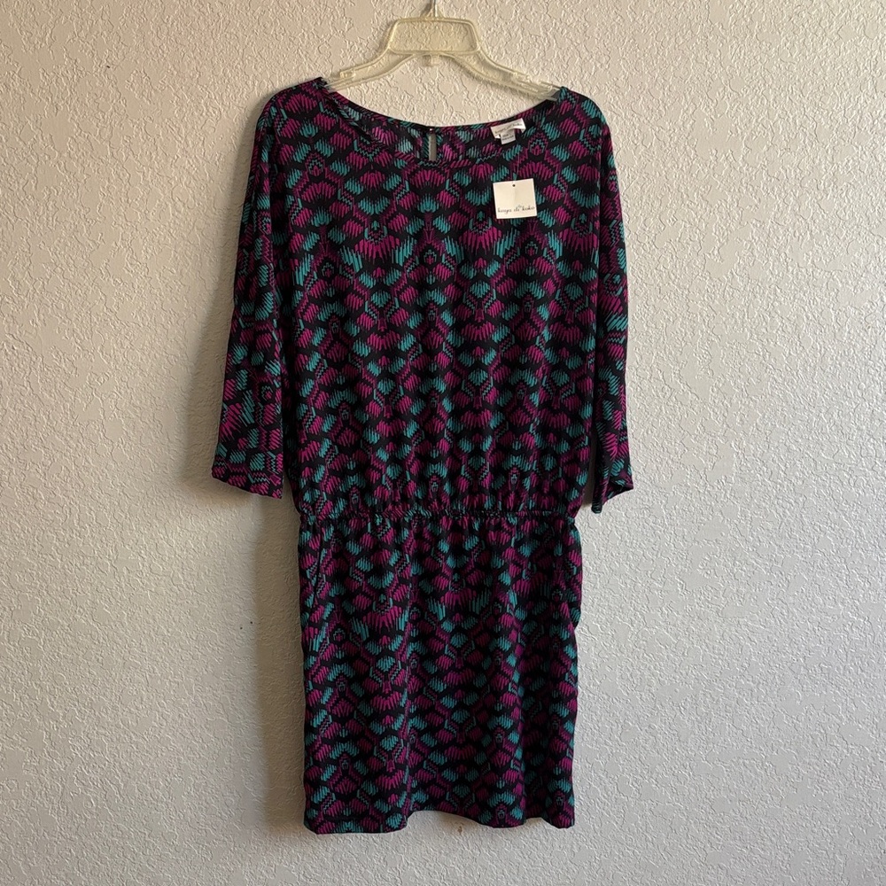 Elegant 3/4 Sleeve Geometric Dress w/pockets- Black, Pink & Teal